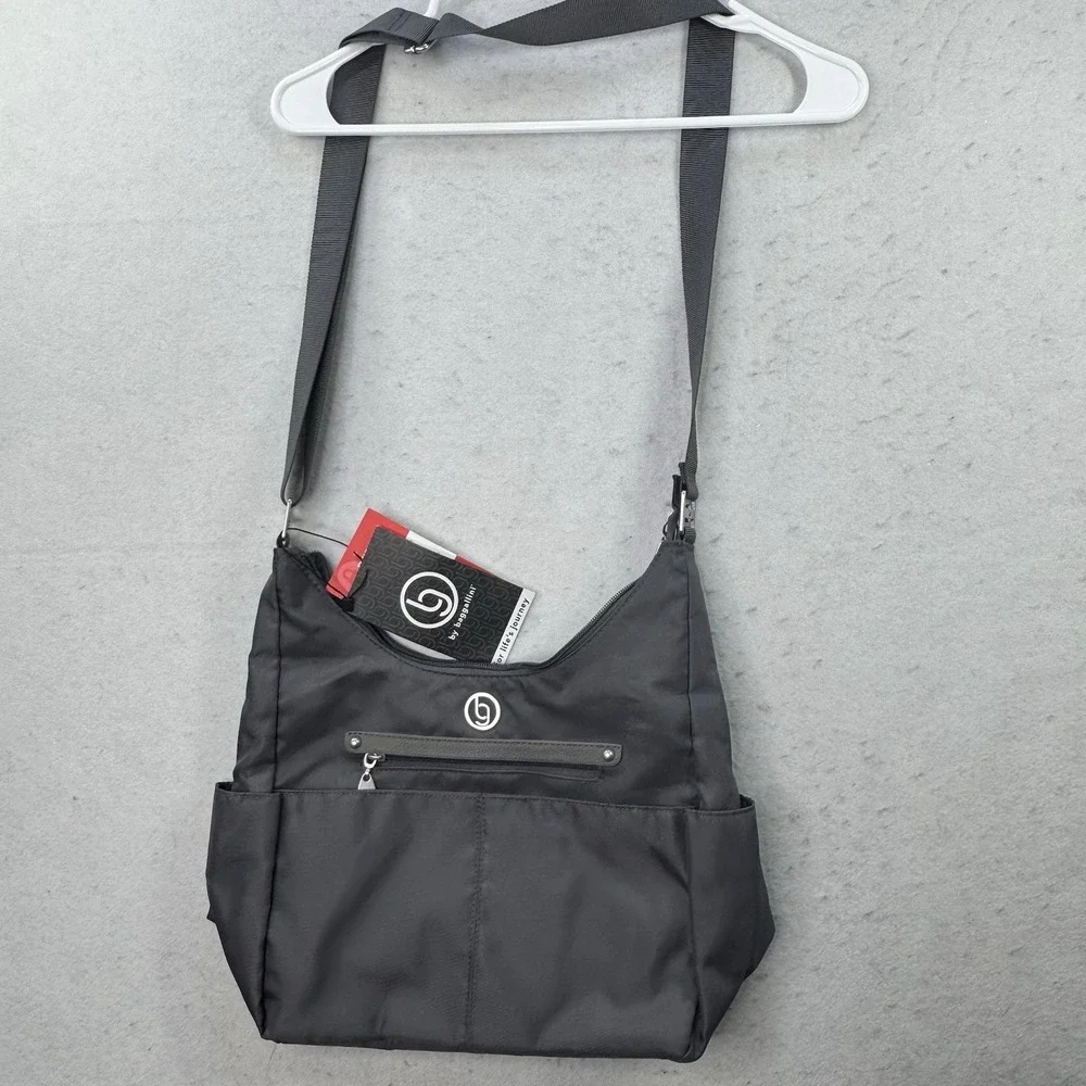 NEW Baggallini Phoenix Hobo Purse RFID Protected Grey Bag Adjustable Zip Pocket‎